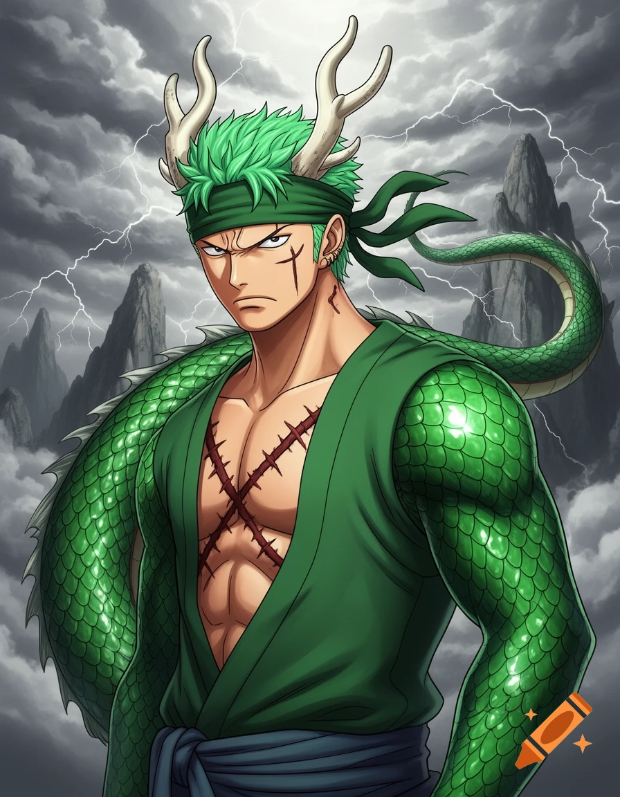 Anime portrait of Roronoa Zoro with green hair and dragon horns, wearing an open green kimono, revealing a scarred chest and green dragon scales, against a stormy sky.