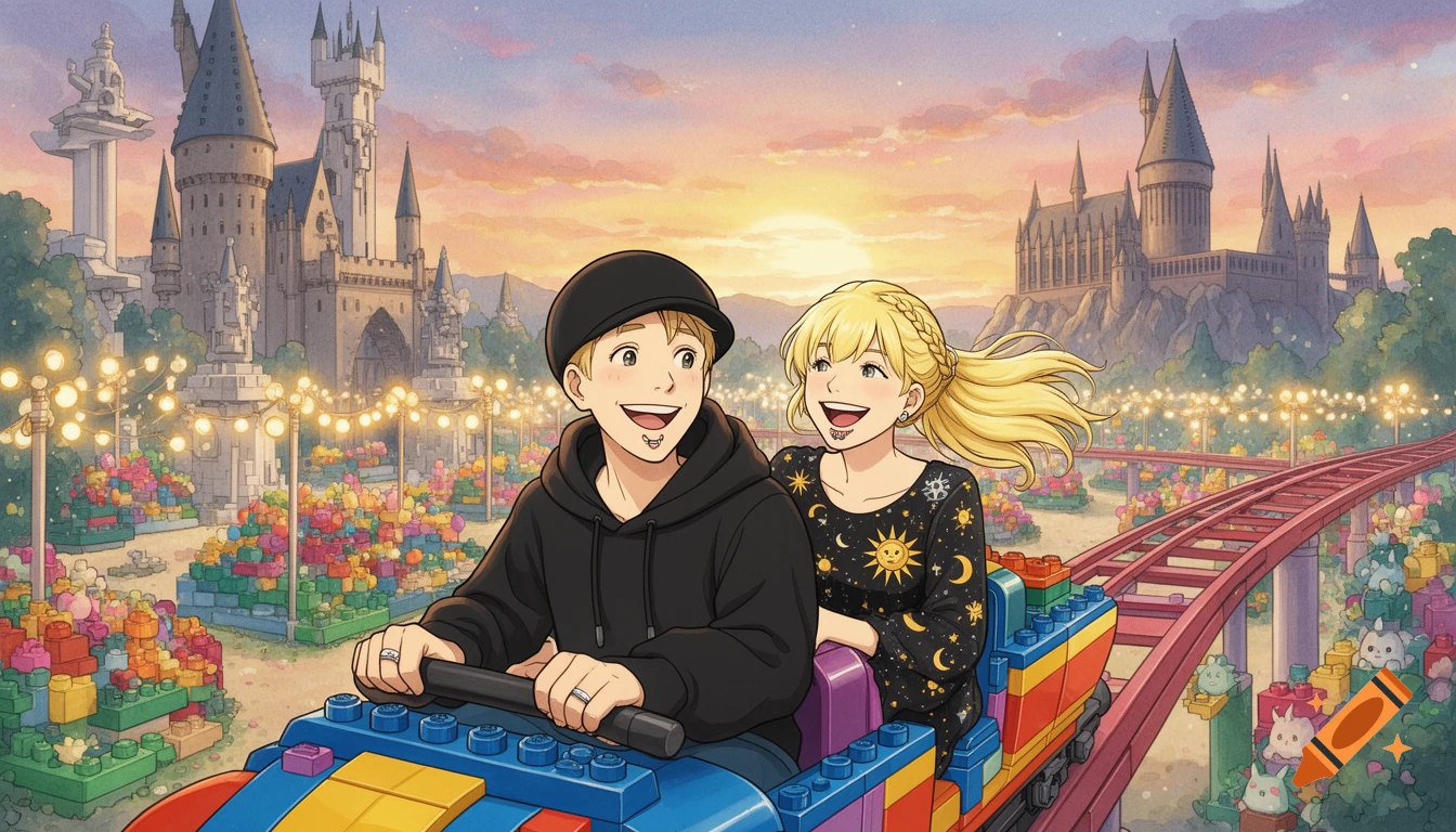 A joyful couple rides a colorful Lego roller coaster in a bright Lego theme park with castles in the distance at sunset, in a hand-drawn Japanese animated fantasy style.