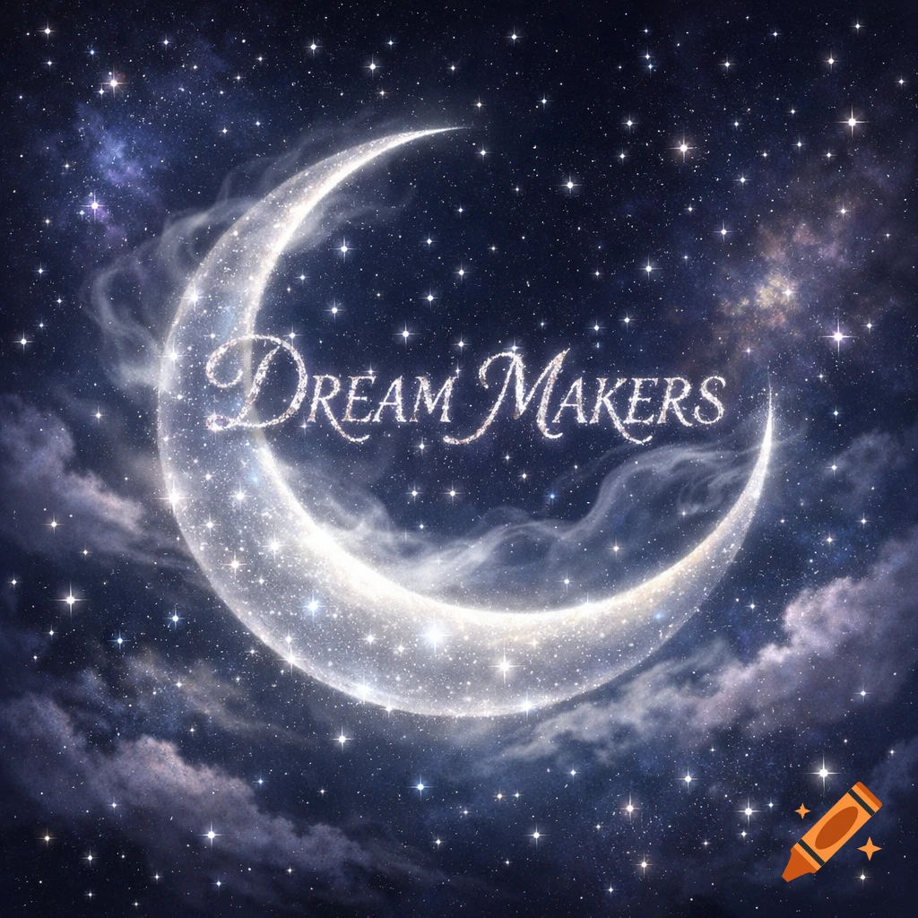 A sparkling crescent moon in a starry night sky, with the words 'Dream Makers' glimmering across its surface.