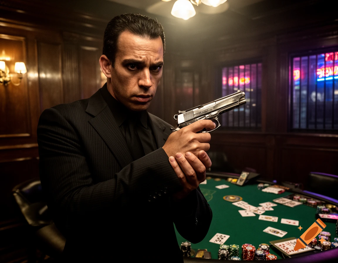 A man in a black suit with a serious expression holds a silver handgun next to a poker table in a dimly lit room.