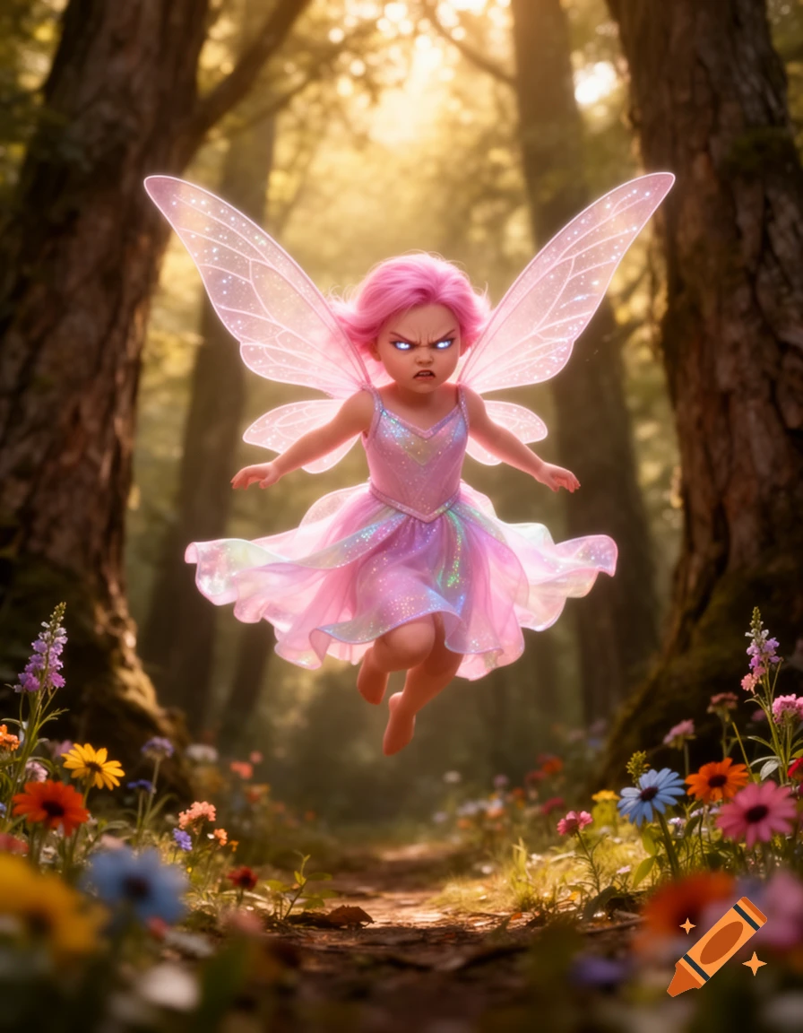 An angry pink-haired fairy with glowing eyes and iridescent wings floats above a path in a sunlit, flower-filled forest.