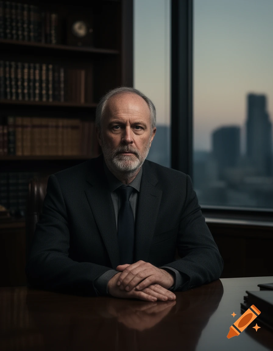 Photorealistic portrait of a serious older man in a suit with a beard, sitting at an office desk with a cityscape background.