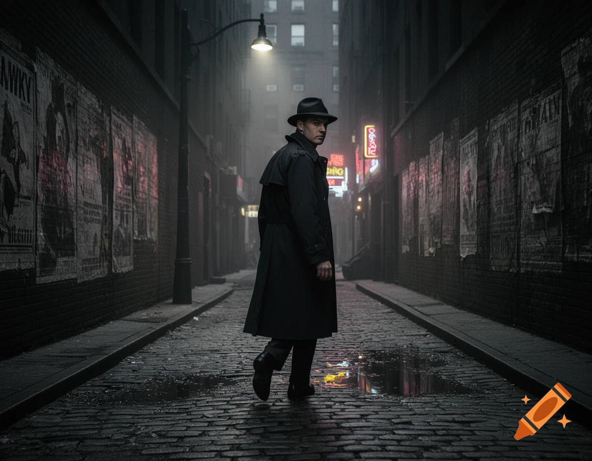A man in a black trench coat and fedora walks through a dark, wet, foggy urban alley at night, glancing behind him.