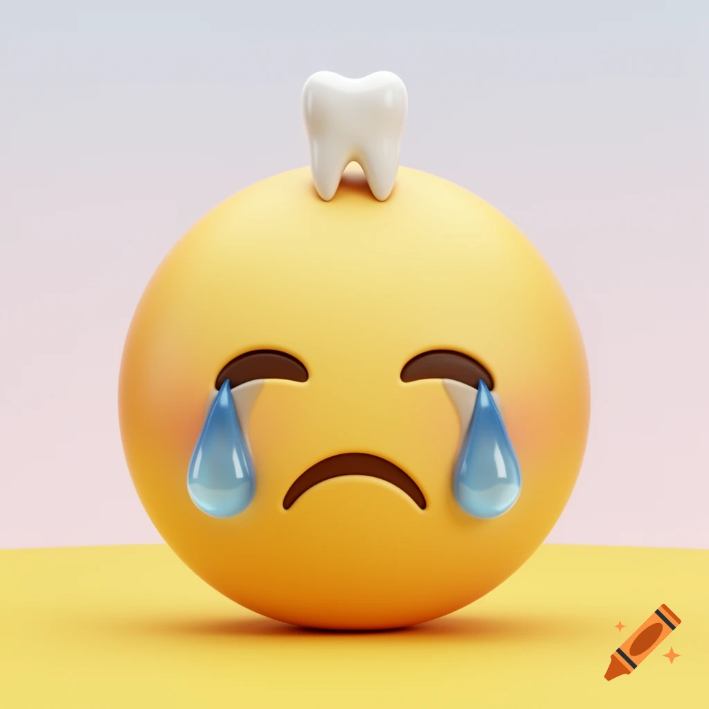 A 3D rendered crying yellow emoji with a white tooth on its head, against a soft gradient background.