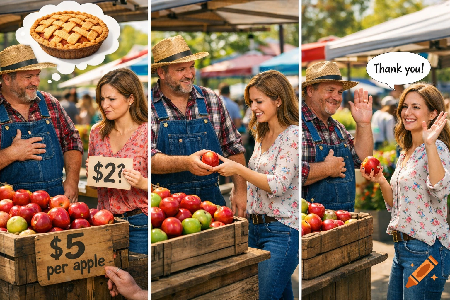 A multi-panel image shows a farmer selling apples to a woman at a market; she imagines a pie, offers $2, and thanks him for the apple.
