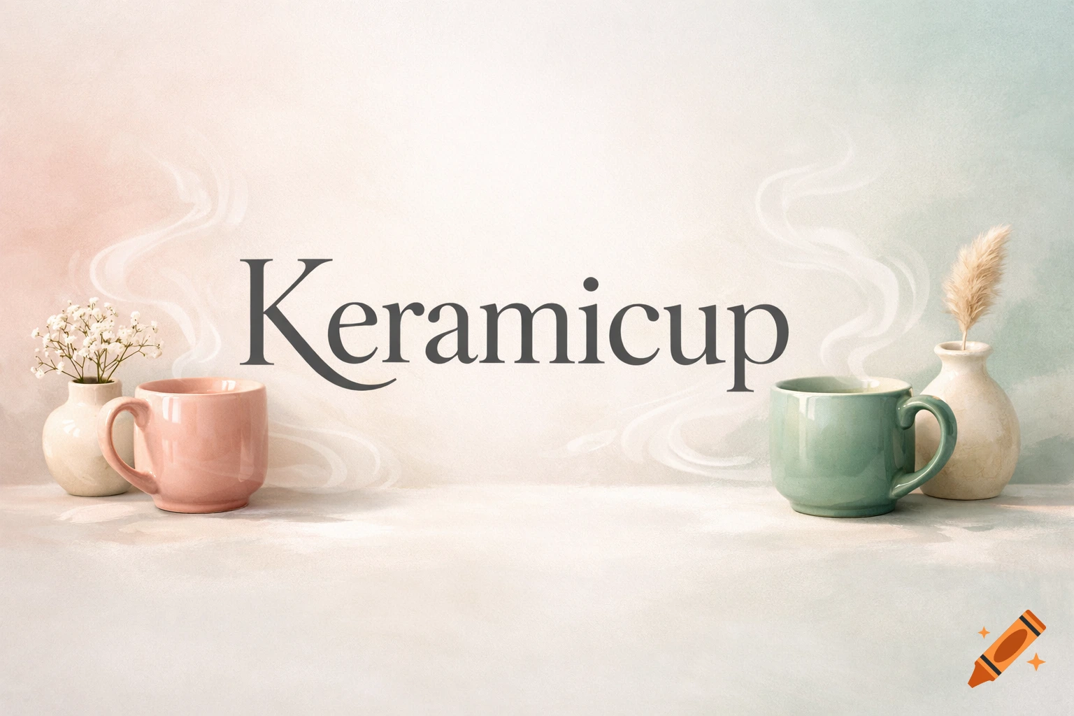 Pink and green ceramic mugs with vases on a pastel background, featuring 'Keramicup' text.