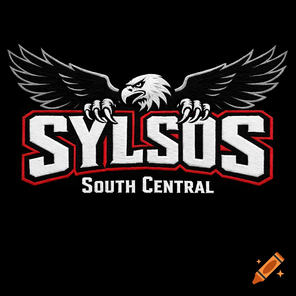Embroidery design of a stylized eagle clutching bold white, red, and black text reading 'SYLSOS SOUTH CENTRAL'.