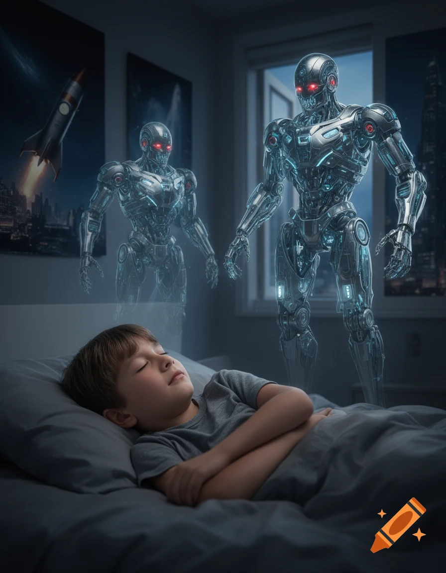 A sleeping boy in a dimly lit room dreams of two translucent, menacing silver robots with red eyes standing over his bed, with a rocket poster on the wall.