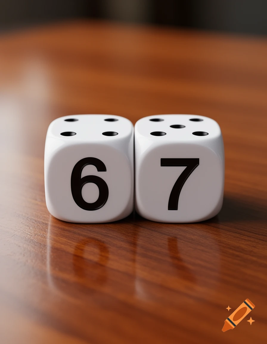 Two white dice showing the numbers 6 and 7, resting on a reflective wooden table.
