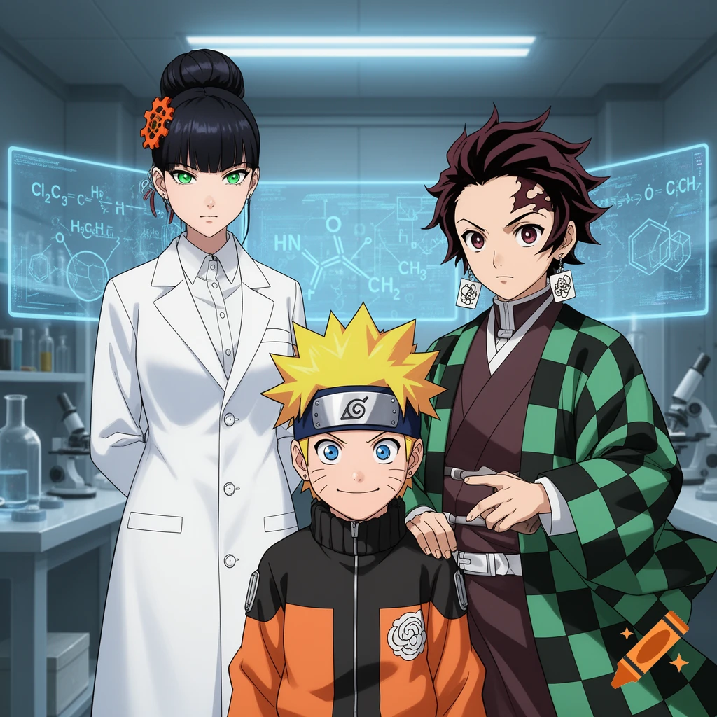 Anime characters Moriah, Naruto, and Tanjiro in a science lab, with glowing screens displaying chemical formulas in the background.