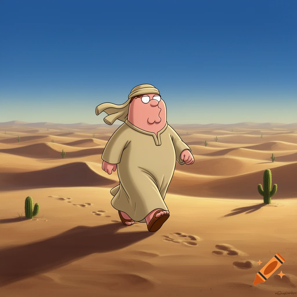 Cartoon character Peter Griffin, wearing desert robes and a turban, walks across sand dunes with cacti under a clear blue sky.