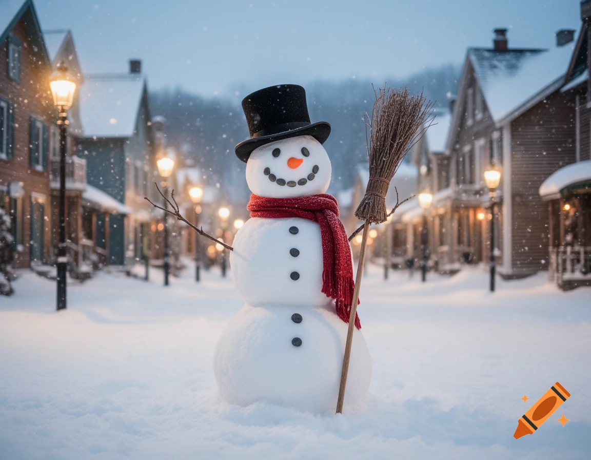 Photorealistic snowman in a top hat and red scarf, holding a broom, in a snowy village street at dusk with glowing streetlights.
