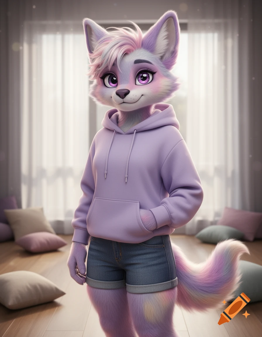 A pastel-colored furry character with pink and purple fur, wearing a lavender hoodie and denim shorts, standing in a room with pillows.