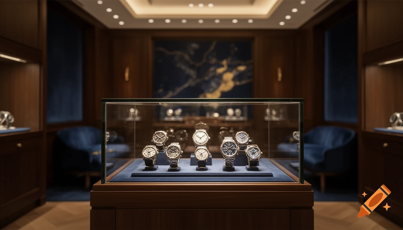 Luxury watches displayed in a glass case within an elegant, well-lit store with dark wood and blue decor.