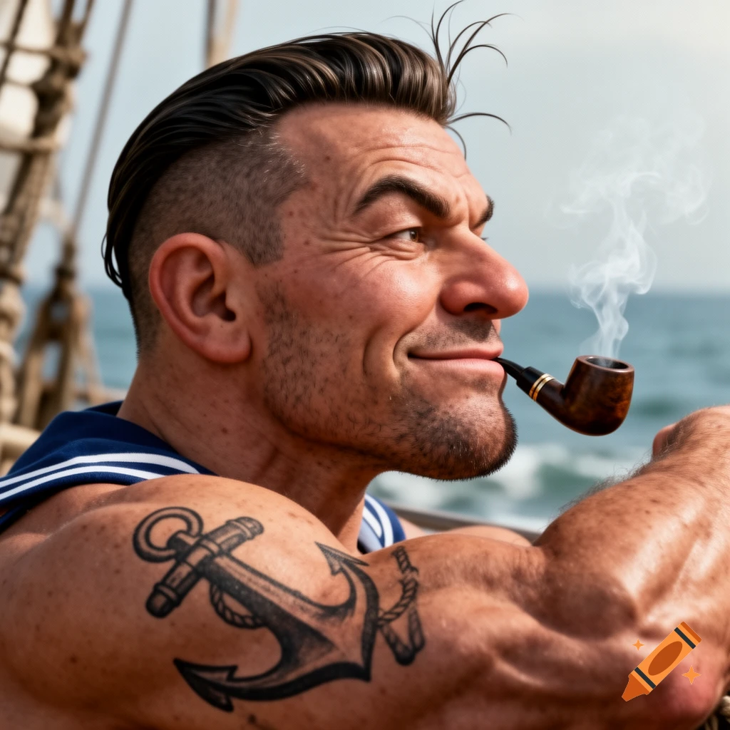 Hyper-realistic portrait of a muscular man resembling Popeye, smiling and smoking a pipe on a boat with an anchor tattoo.