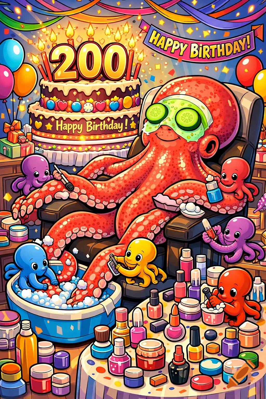 Colorful cartoon of a large red octopus getting pampered by smaller octopuses, next to a birthday cake with '200' and 'Happy Birthday!'.