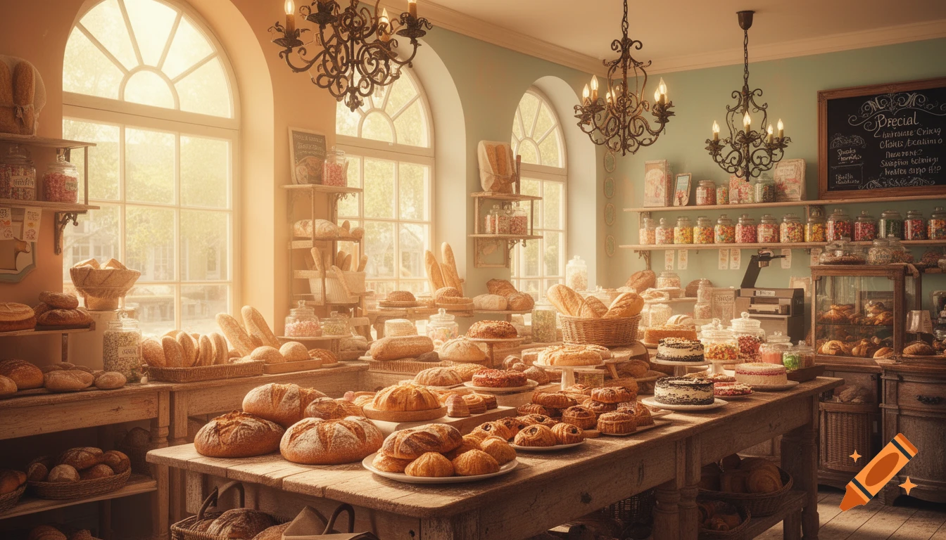 A sunlit, cozy bakery interior with long wooden tables laden with various fresh breads, pastries, and cakes, under ornate chandeliers.