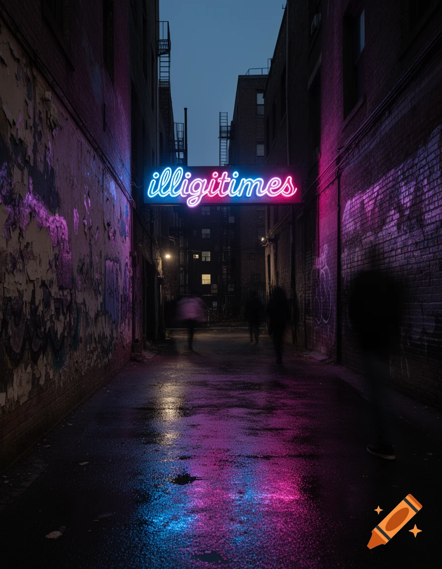 A dark, wet urban alleyway at night with a glowing blue and pink neon sign 'illigitimes' reflecting on the ground, with blurred figures walking.