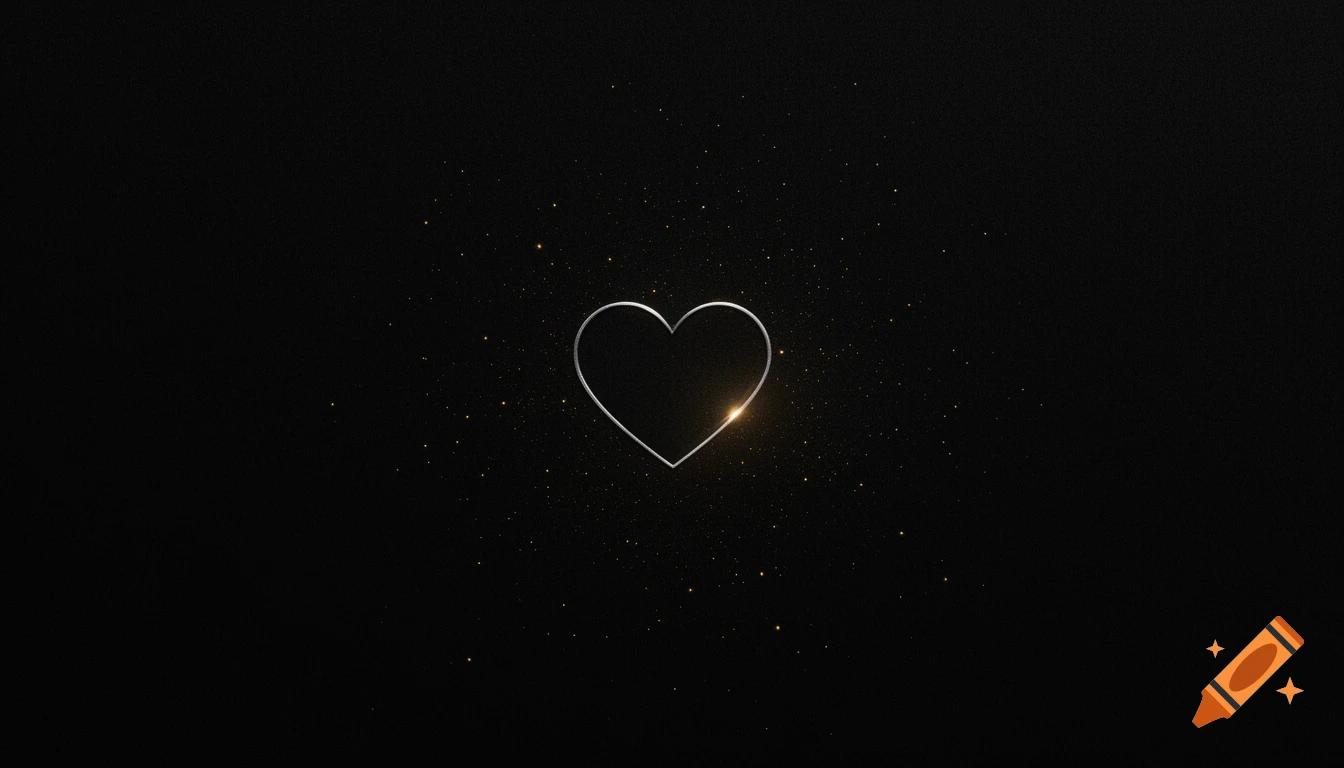 A glowing silver outlined heart on a dark, sparkling background.