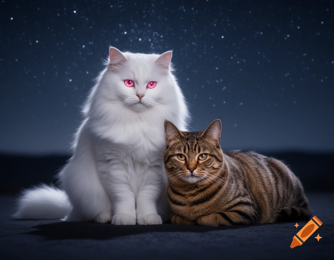 A fluffy white cat with pink eyes sits next to a tabby cat, against a dark blue night sky with scattered stars.