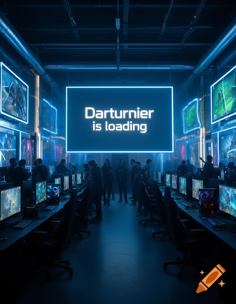 A dark, neon-blue lit esports arena with multiple gaming stations and people, featuring a large screen displaying 'Darturnier is loading'.