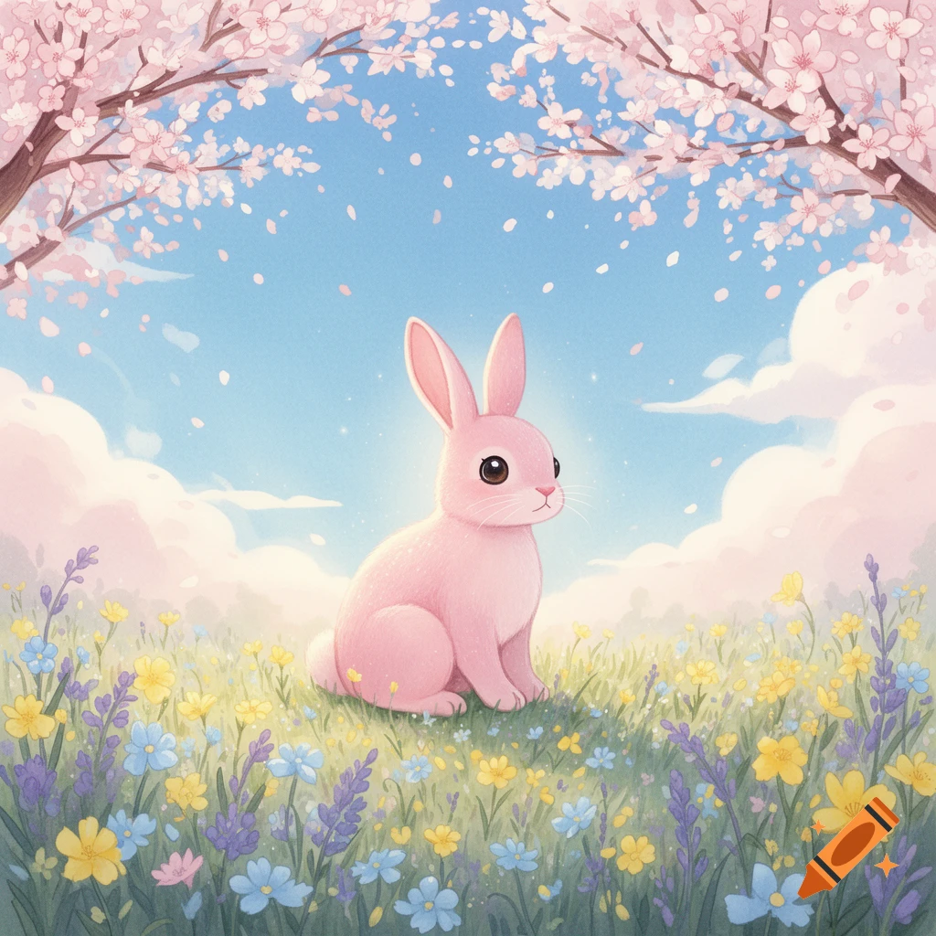 A cute pink bunny sits in a field of colorful wildflowers with cherry blossom trees overhead, under a bright blue sky.