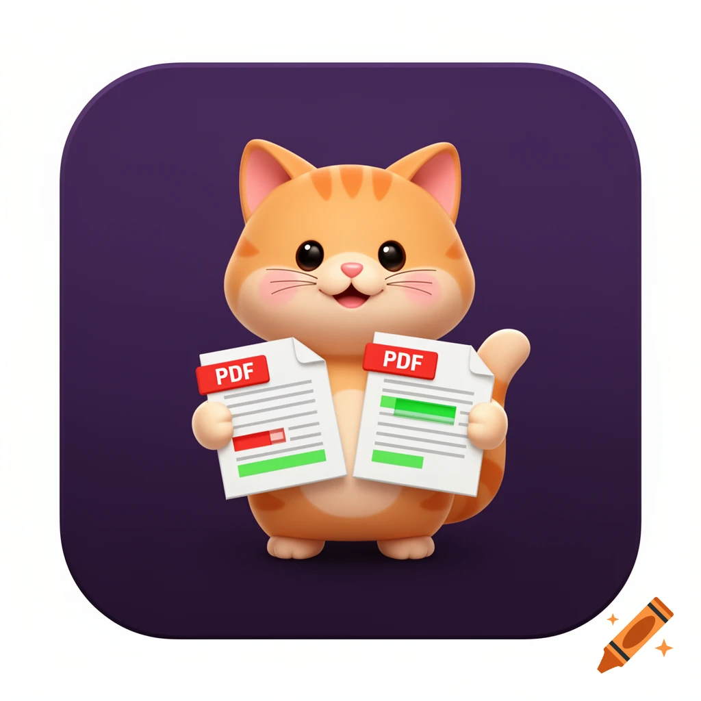 Cute cartoon cat holding two PDF documents with red and green highlights, in an app icon style on a dark purple background.
