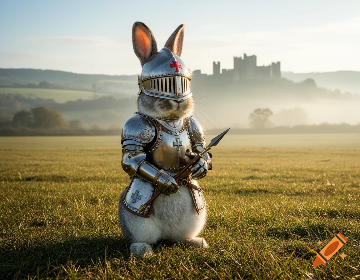 A rabbit in shining knight armor with a red cross on its helmet stands in a sunlit grassy field with a misty castle in the background.