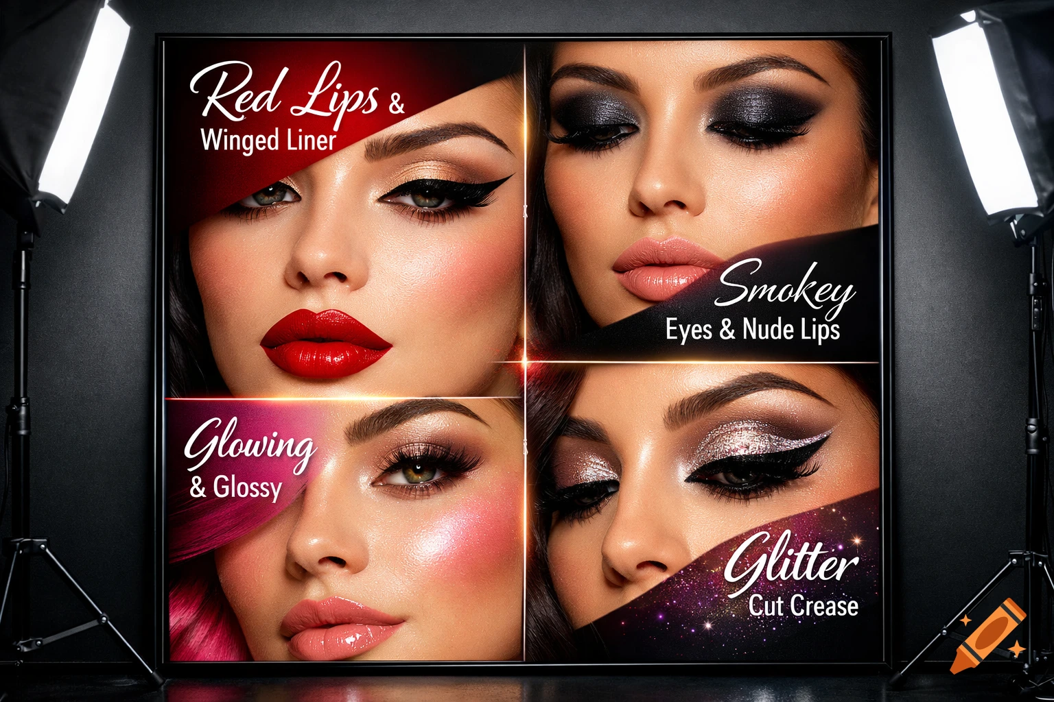 A four-panel display of models wearing various makeup styles including red lips, winged liner, smokey eyes, glossy makeup, and glitter.
