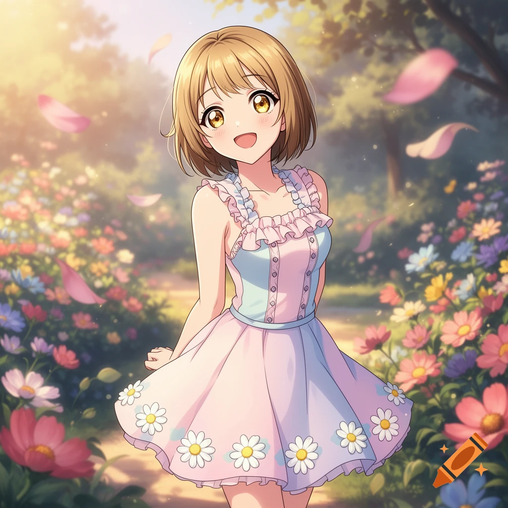 A cute anime girl with short dirty blond hair and hazel eyes smiles in a sunlit flower garden with falling petals.