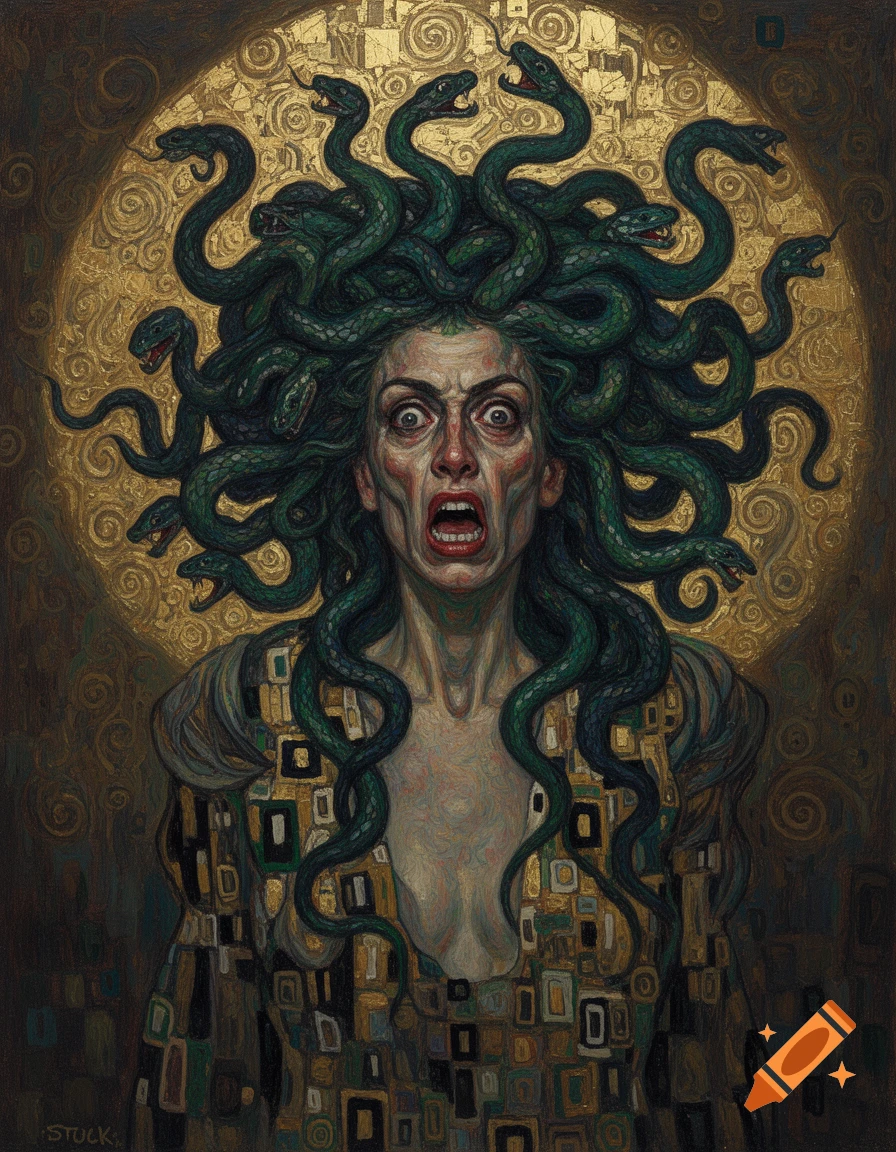 An oil painting of a screaming Medusa with a mass of snakes for hair, set against a golden, patterned background in a Klimt-esque style.