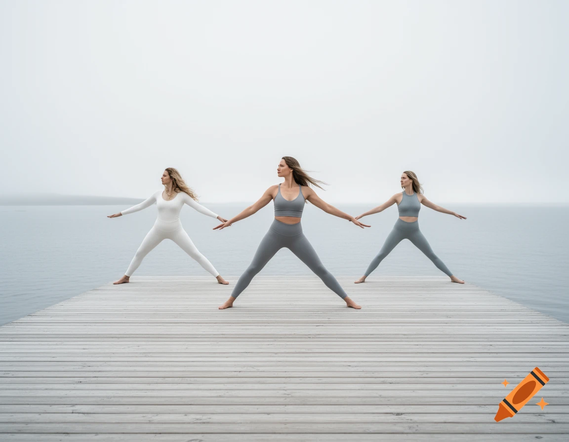 Three women in activewear practice yoga poses on a wooden pier overlooking a misty lake.
