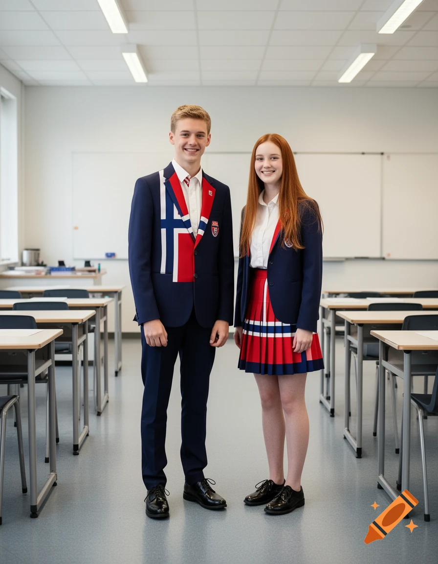 Two smiling Norwegian high school students, a male and a female, wearing flag-themed uniforms, stand in a bright classroom.