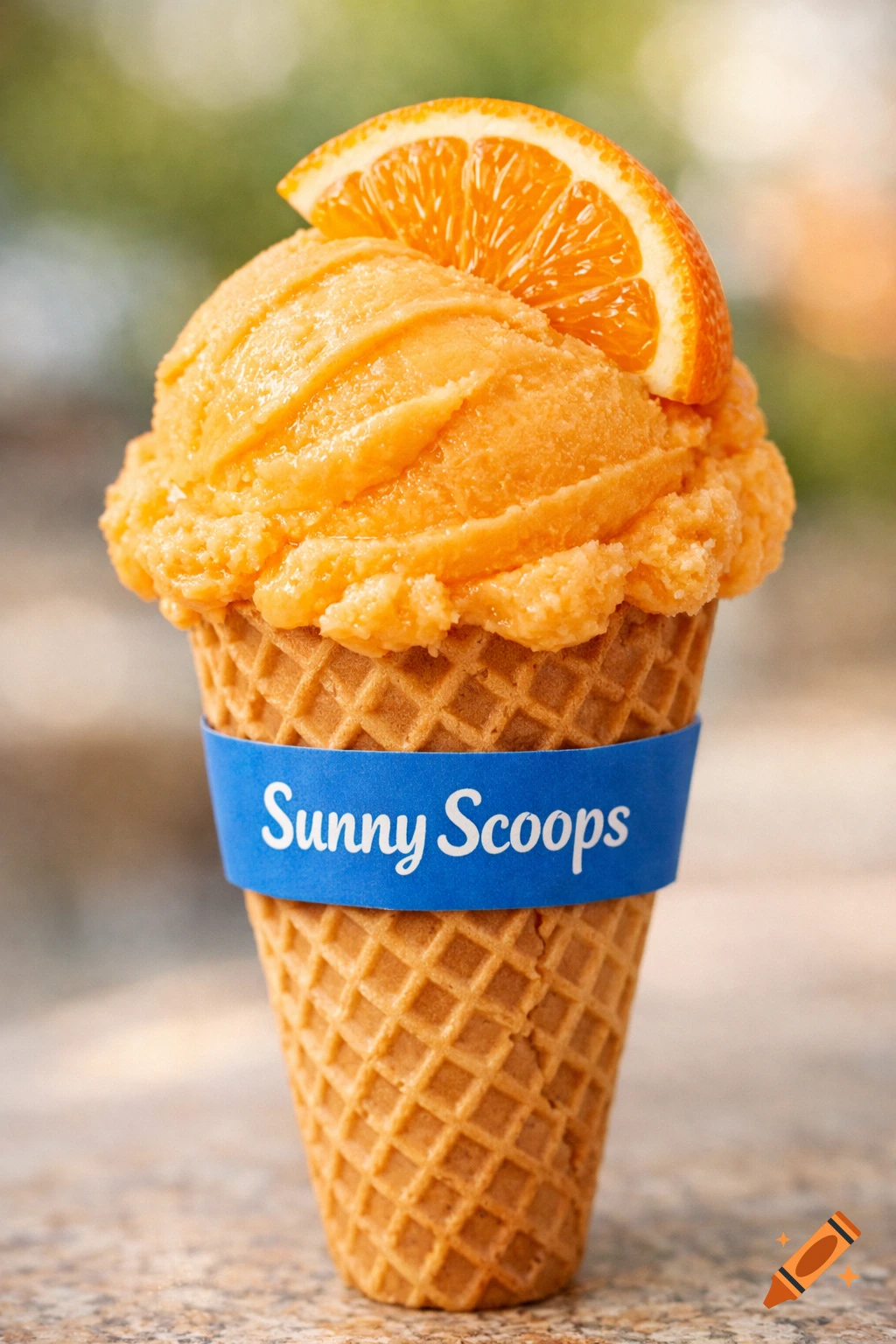 An orange-flavored ice cream in a waffle cone topped with a fresh orange slice and a blue band reading "Sunny Scoops".
