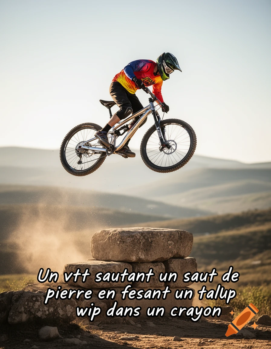 A mountain biker wearing a colorful jersey and helmet jumps over stacked rocks, kicking up dust in a sunny outdoor setting.