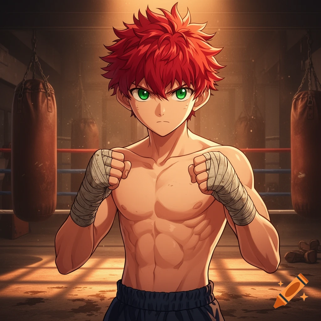 An anime boy with spiky red hair and green eyes, shirtless with hand wraps, stands in a boxing gym with punching bags.
