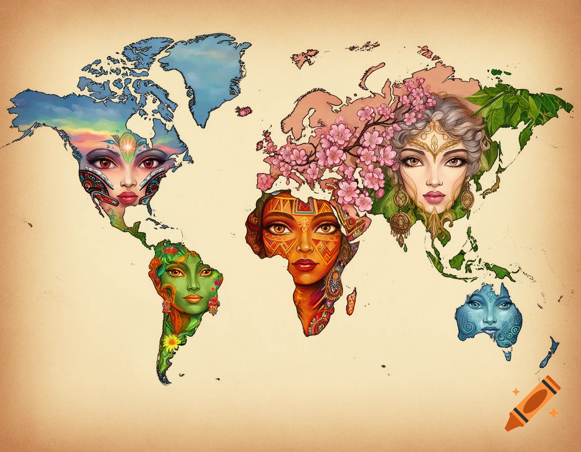 Stylized world map with intricately detailed female faces and cultural patterns filling each continent, against a parchment background.