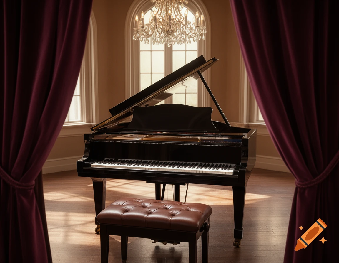A grand piano and a tufted leather bench sit in an elegant room with maroon curtains and arched windows. A chandelier hangs above.
