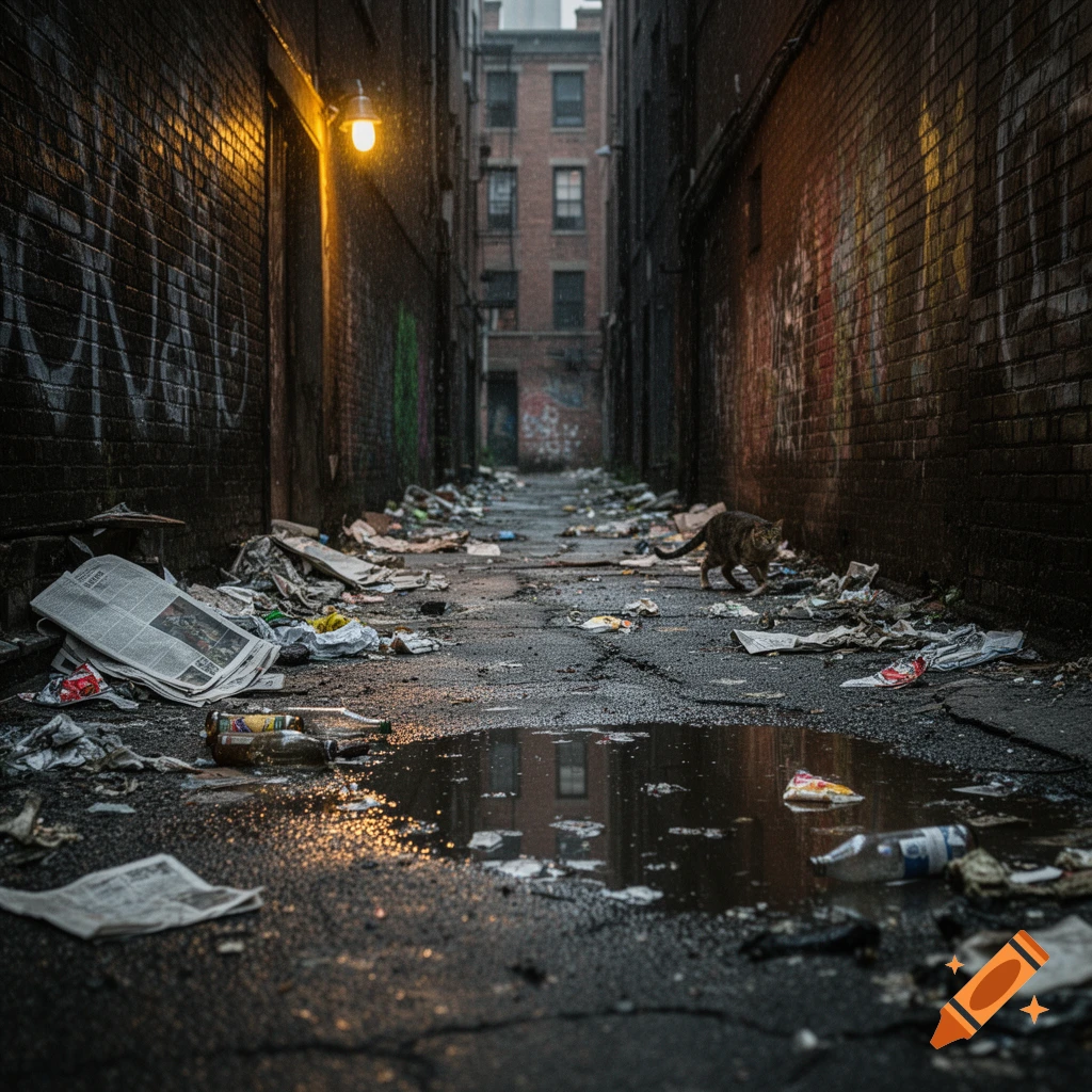 Photorealistic image of a rain-slicked urban alley filled with trash, a cat walking near a puddle, illuminated by a streetlamp.