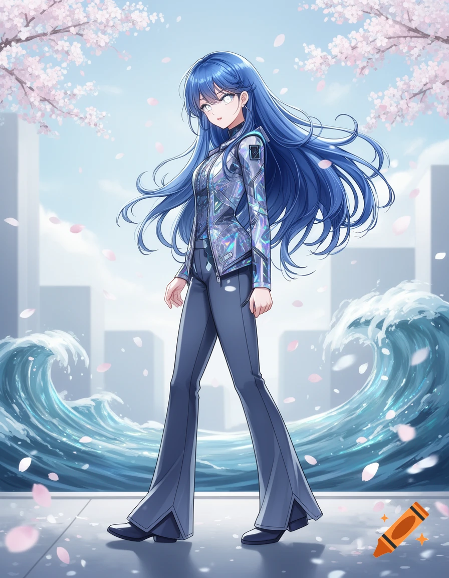 Anime girl with blue hair, white eyes, holographic jacket, and bell-bottom pants stands in front of stylized waves, cherry blossoms, and city buildings.