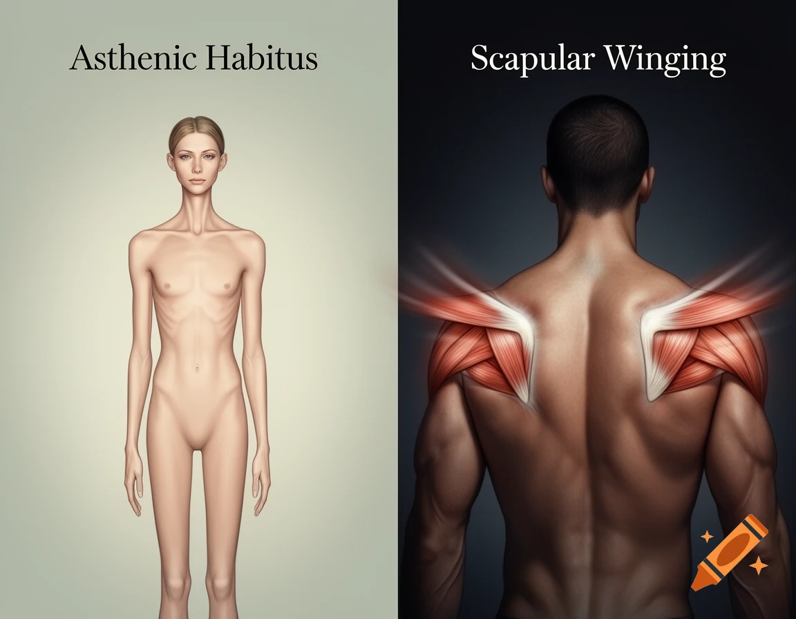 Medical illustration showing Asthenic Habitus in a female figure and Scapular Winging in a male's back.
