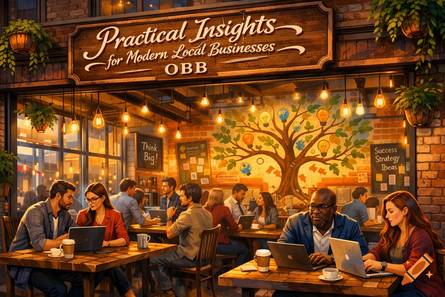 Modern Local An illustration of a bustling coffee shop with people working on ...