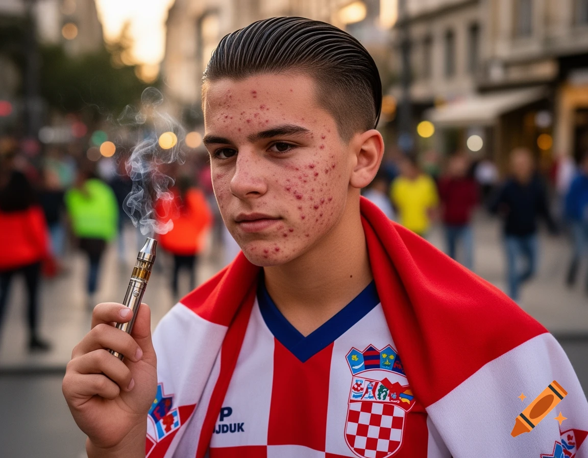 A young man with acne, wearing a red and white checkered soccer jersey, holds a vaping device producing smoke, on a city street.