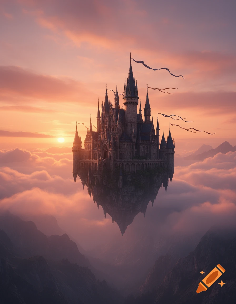 A majestic flying castle floats above a sea of clouds and distant ...