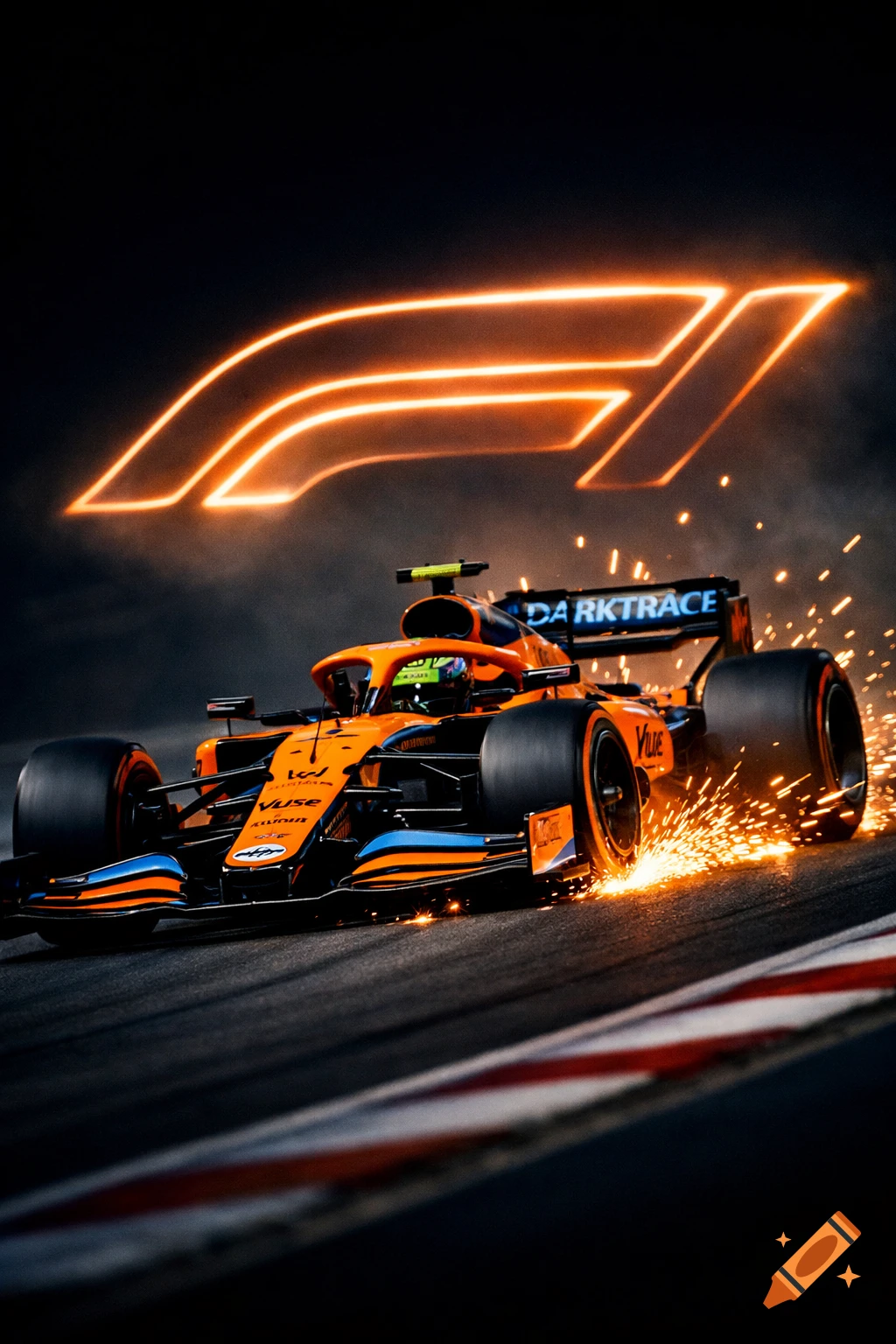 A cinematic shot of a papaya orange McLaren Formula 1 car racing at night, generating sparks, beneath a glowing F1 logo.