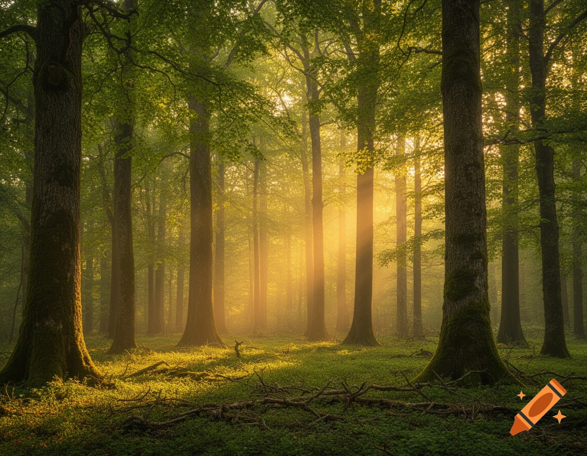 Golden sunlight beams through a dense, lush green forest with tall ...