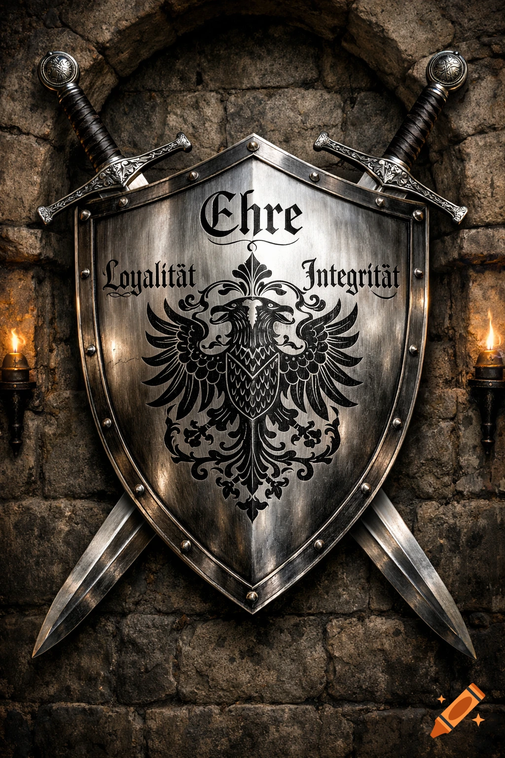 A detailed metallic medieval shield with an eagle emblem and German ...