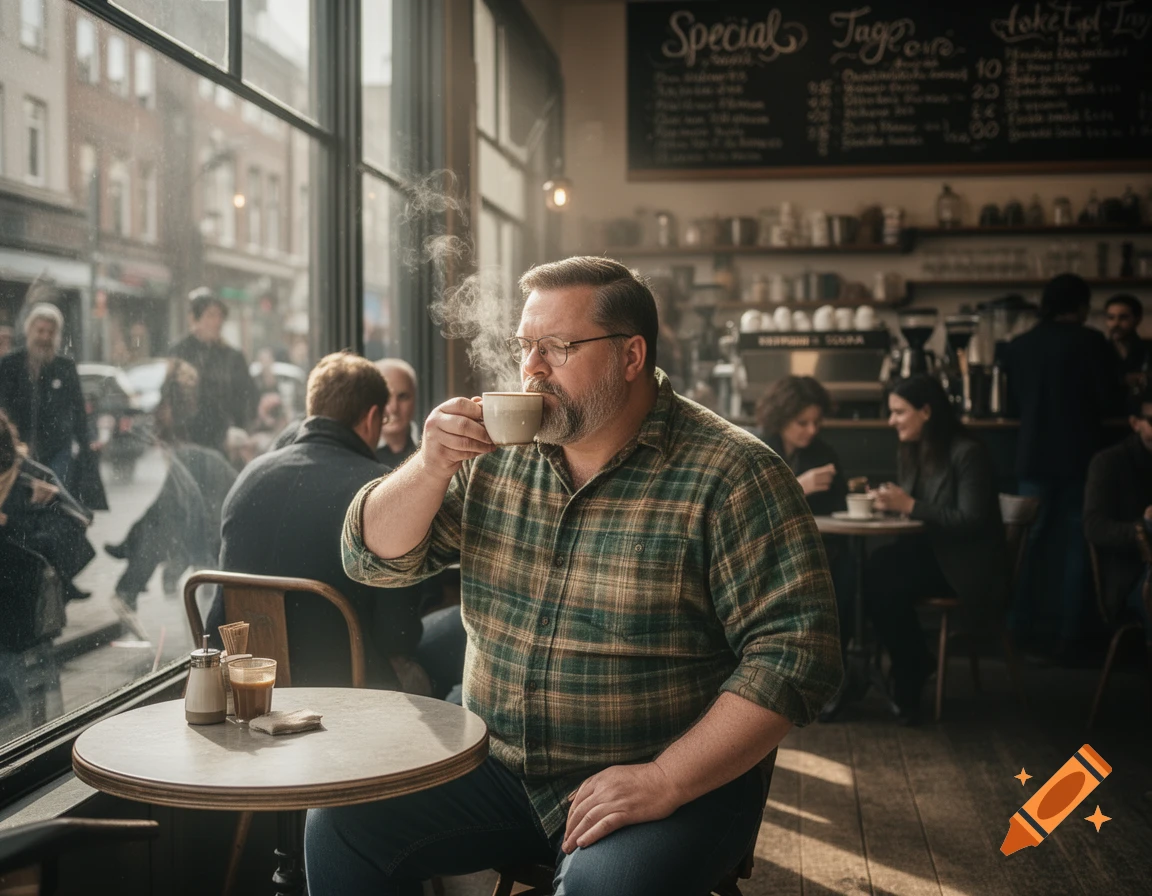 A bearded man in a plaid shirt sips coffee in a bustling, sunlit cafe next to a large window overlooking a city street. Photorealistic.