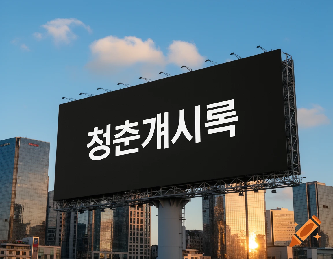 A large black billboard with white Korean text "청춘계시록" stands against a blue sky with clouds, surrounded by modern city buildings.