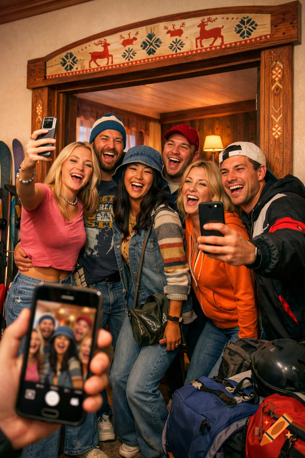 A group of six laughing friends take selfies in a cozy, decorated wooden room, skis visible.